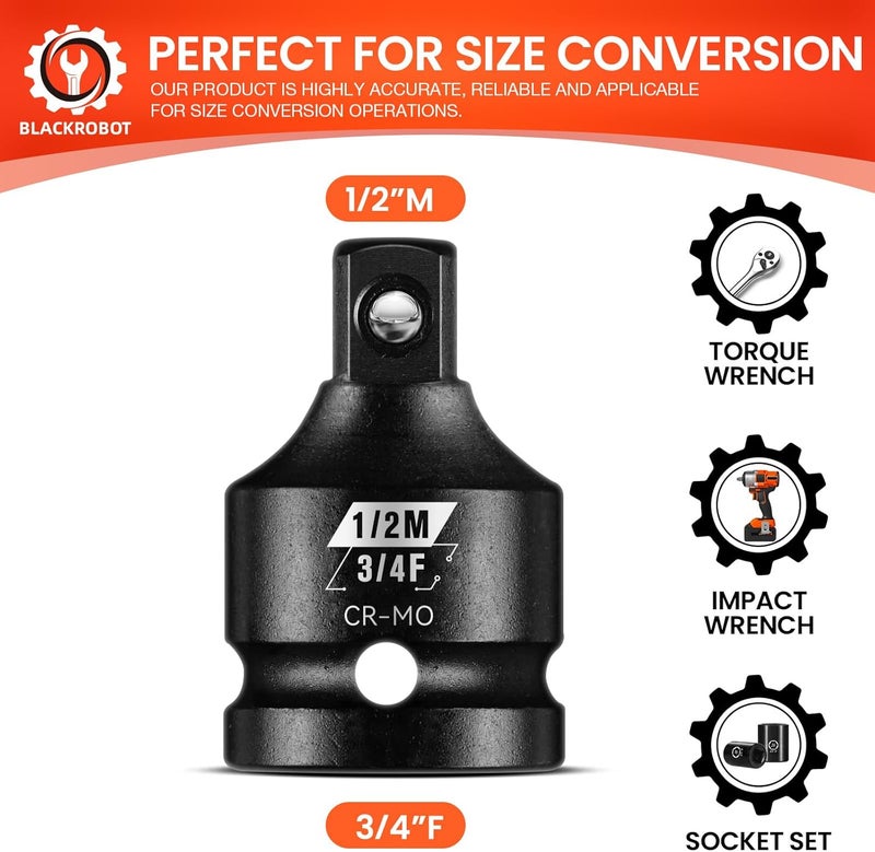 BLACKROBOT 3/4”F To 1/2”M Impact Socket Adapter, Cr-Mo Steel Exceeds ANSI Standards, Square Drive Reducer for Impact Driver Wrench - Image 3